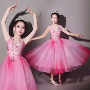 girls pink modern dance dress long ballet dress opening choir flamenco ballroom dance petal dress for kids 